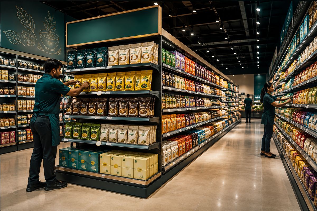 Staff arranging packaged food products on supermarket shelves