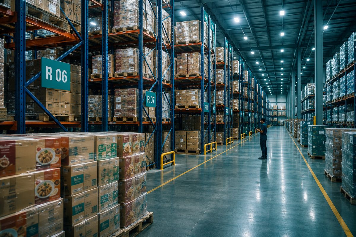 Food-grade warehouse aisles with high racking and palletised stock